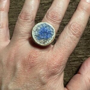Blue Round Chunky Handmade Artisan Ceramic Glass Ring Adjustable Band One Size